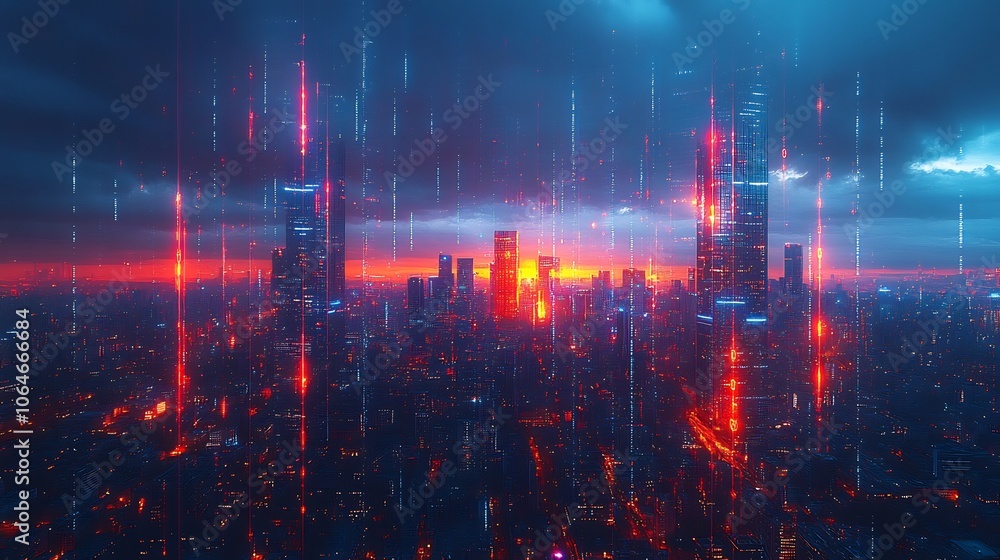 Poster futuristic city skyline illuminated glowing data streams and digital shields representing advanced c