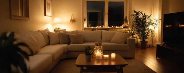 Cozy family living room with warm lighting, inviting atmosphere for relaxation and togetherness.