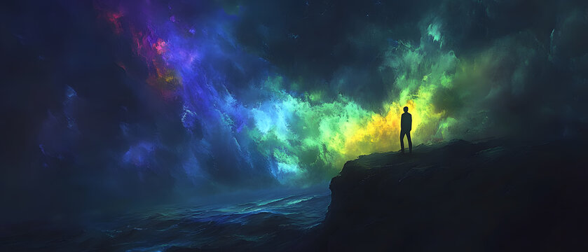 Silhouette of a Man Standing on a Cliff with a Colorful Nebula in the Background, Silhouette of a Man Standing on a Cliff with a Colorful Nebula i