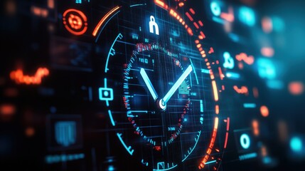 Fototapeta premium Futuristic clock face with glowing icons representing time management and productivity.