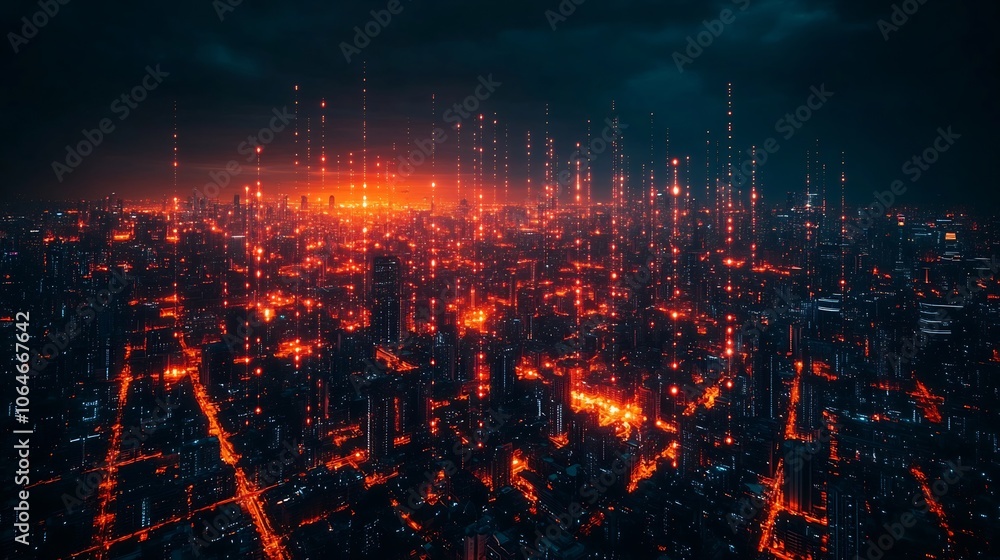 Poster futuristic city skyline illuminated glowing data streams and digital shields representing advanced c