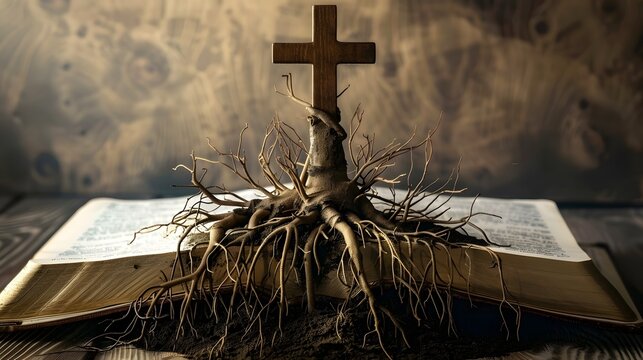 The cross, deeply rooted in an open Bible. Faith, growth,depth, nourishment, power of faith, foundation,hope, peace, salvation, religious publications, inspirational artwork,meditation