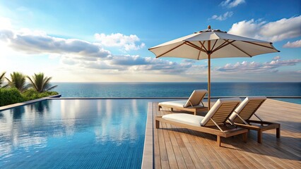 Outdoor pool terrace with lounge chairs and umbrella overlooking the water, poolside, relaxation, luxury, summer