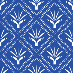 Seamless agave pattern in blue and white. Agave motif pattern, abstract floral pattern, tile design background.