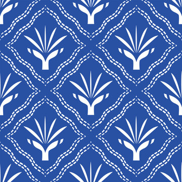 Seamless agave pattern in blue and white. Agave motif pattern, abstract floral pattern, tile design background.