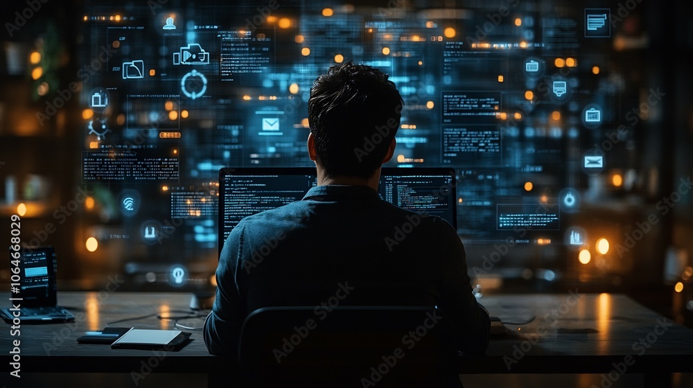 Aufkleber freelance designer working a laptop at a home studio surrounded by cyber security symbols for file s
