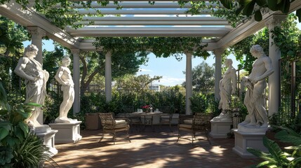 Obraz premium A serene garden space with statues, seating, and lush greenery for relaxation and contemplation.