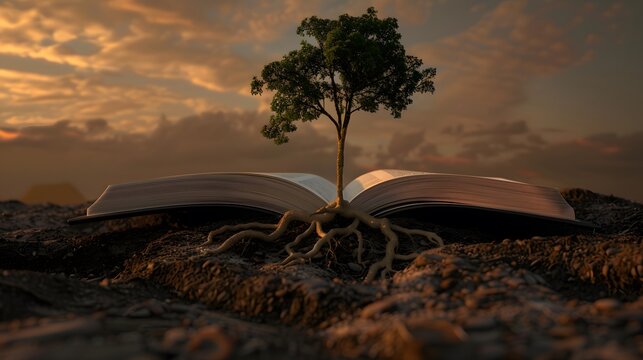 The cross, deeply rooted in an open Bible. Faith, growth,depth, nourishment, power of faith, foundation,hope, peace, salvation, religious publications, inspirational artwork,meditation