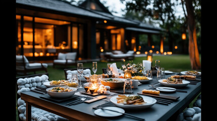 Elegant outdoor dining table set with gourmet dishes and candlelight near modern patio in evening setting