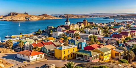 Scenic view of small coastal town of Luderitz in Namibia with colorful buildings and sea backdrop, Luderitz, Namibia, coastal, town