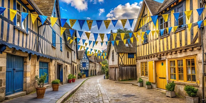 Medieval festival street with yellow blue flags and ancient half-timbered house in Provins, France , Medieval, festival