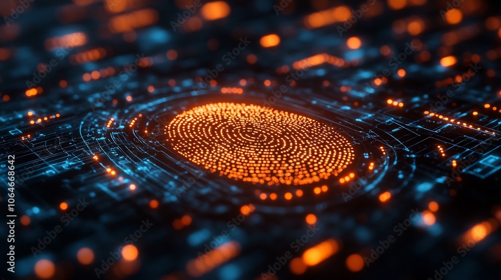 Poster fingerprint a glowing circle representing biometric security and data protection on a futuristic tec