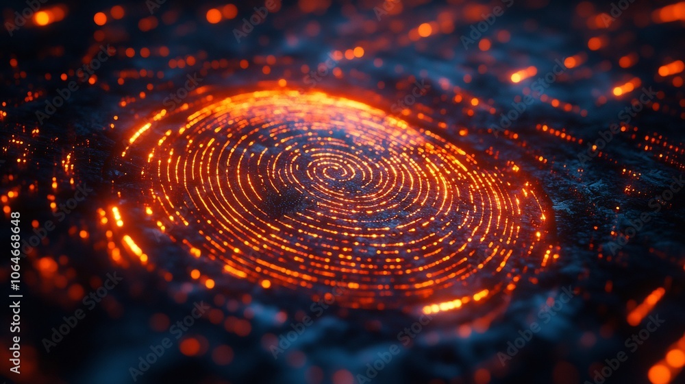 Poster fingerprint a glowing circle representing biometric security and data protection on a futuristic tec