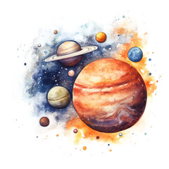 Planets in watercolor, png space, stars in the universe, solar system on transparent and white background
