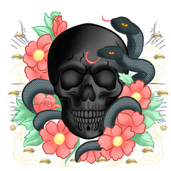 Skull with snake and flower