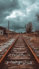 Fototapeta premium Abandoned Train Station with Rusted Tracks in Desolation