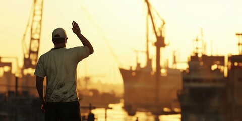 Silhouetted male worker waves goodbye at a bustling shipyard during sunset.