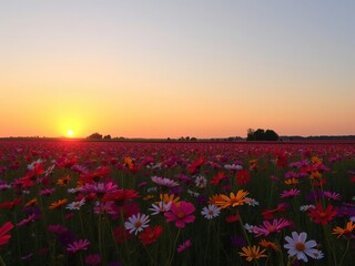 Obraz premium Sunset over a vast field of colorful cosmos flowers swaying gently in the breeze, cosmos flowers, nature photography