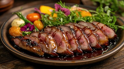 Grilled Duck Breast with Glaze, Sesame Seeds, and Side Salad