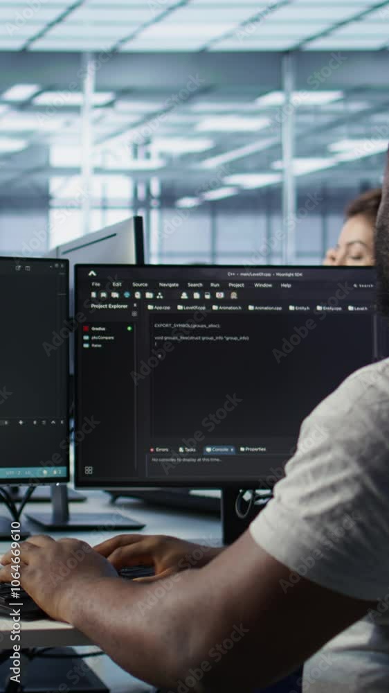 Poster admin in server hub tasked with protecting valuable data against hacking attack on computers. africa