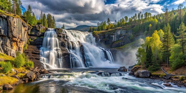 View of Litlverivass forsen waterfall in National Park Rago, Norway , waterfall, Litlverivass forsen, National Park, Rago