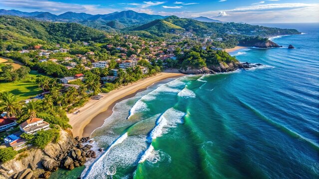 Aerial drone view of the San Pancho and Sayulita coastline in Riviera Nayarit, Mexico , San Pancho