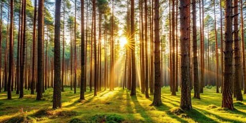 Peaceful pine forest with tall trees and soft sunlight filtering through the branches, nature, trees, pine, forest, green