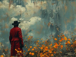 Man in Red Coat Standing in a Field of Flowers