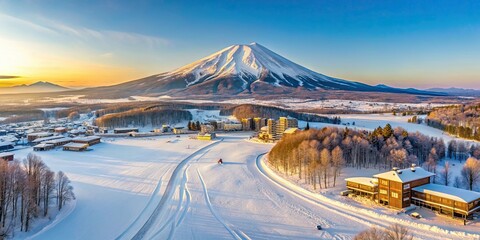 Quiet ski resort at early morning on a clear day in Niseko Moiwa, Hokkaido, Japan, ski resort, early morning, clear day