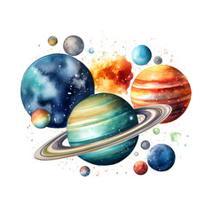 Planets in watercolor, png space, stars in the universe, solar system on transparent and white background