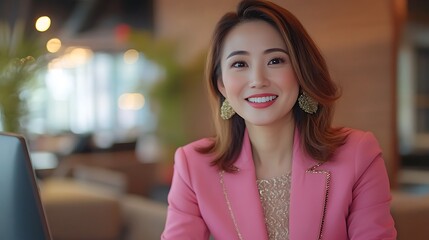 Smiling Woman in Pink Blazer and Golden Earrings