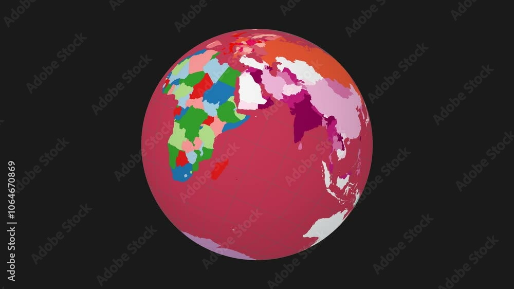 Poster rotating planet. tilted sphere view. moderate speed planet rotation. colored countries style. world 
