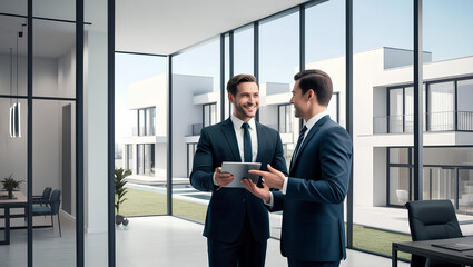 A realistic photo of a professional man working in real estate, holding a tablet and conversing with a client. They are standing in front of large windows that overlook modern real estate properties, 
