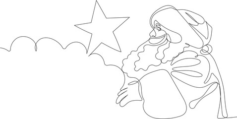 Outlined Cute Santa Claus Cartoon Character With A Sack Full Of Gifts. Vector Hand Drawn Illustration. One continuous line drawing Santa Claus on reindeer and sled. concept for Christmas and New Year