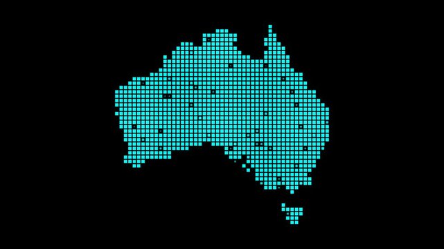 Australia digital map. Map of Australia in a dotted style. The shape of the country is filled with rectangles. Modern video.