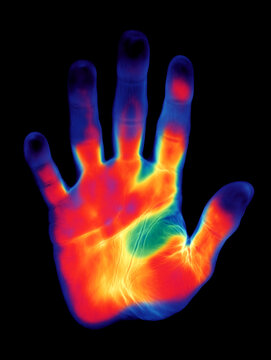 infrared thermographic hand. thermal handprint isolated. hand heat map. hand digital scanner. thermal hand. palm heat map. hand thermal map. Digital identification. Isolated.
