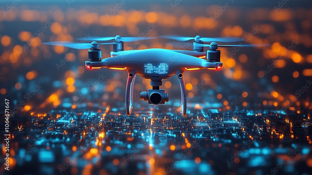 Poster drone patrolling smart city with holographic displays scanning for threats and securing data in an a