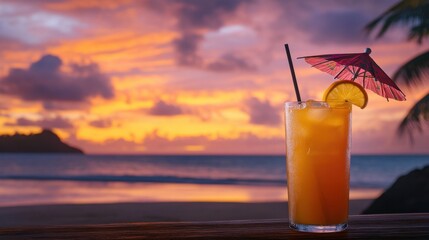 Tropical Cocktail with Umbrella on Sunset Background. National Harvey Wallbanger Day.