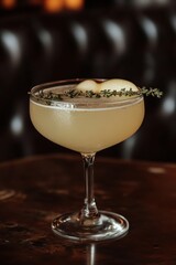 Elegant Cocktail with Thyme Garnish in a Dimly Lit Bar