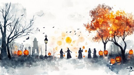 Watercolor Painting of Skull with Cross and Candles. All Saints Day