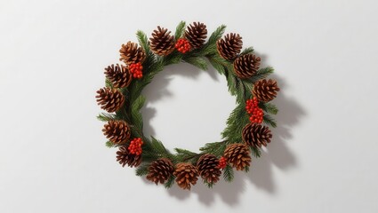 Pinecone wreath with red berries on a white isolated background.