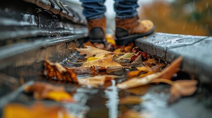 Autumn Rain Boots Step on Wet Leaves