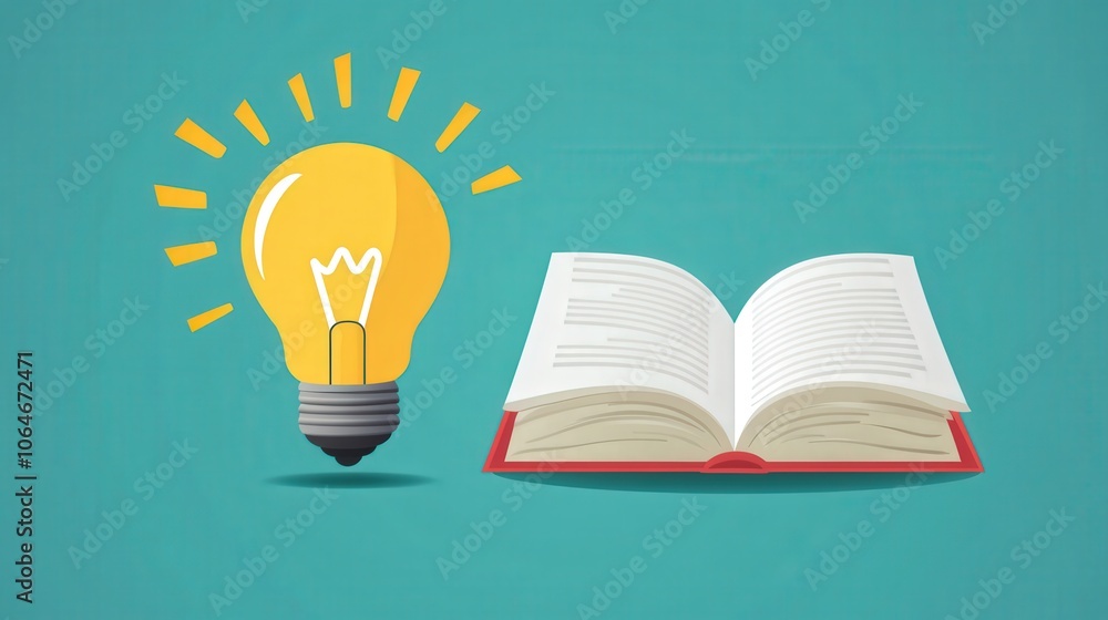 Poster glowing light bulb and open book representing knowledge and inspiration concepts.