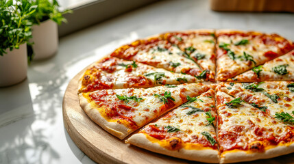 Freshly baked margherita pizza with basil on wooden board in sunlight near window