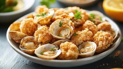 Delicious seafood platter with fried clams and fresh herbs for a perfect coastal meal National Deep Fried Clams Day