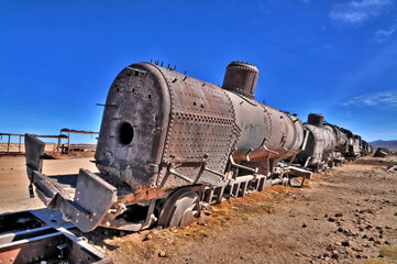 The train cemetery on  Salar de Uyuni or salt desert of Uyuni, Bolivia, South America