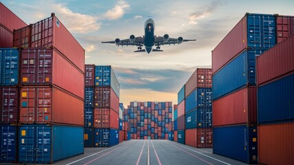 Fototapeta premium Airplanes and containers represent air transport and international trade.