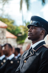 Obraz premium Proud soldier in formal military uniform at outdoor ceremony against lush tropical background.. Armistice Day (Martinique)