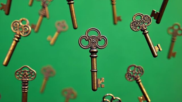 Multiple antique keys falling against a green screen background, perfect for chroma keying footage into your next project