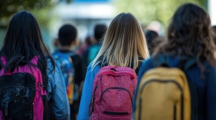 Back-to-school season: students with backpacks walking to class outdoors. Anti-Bullying Week